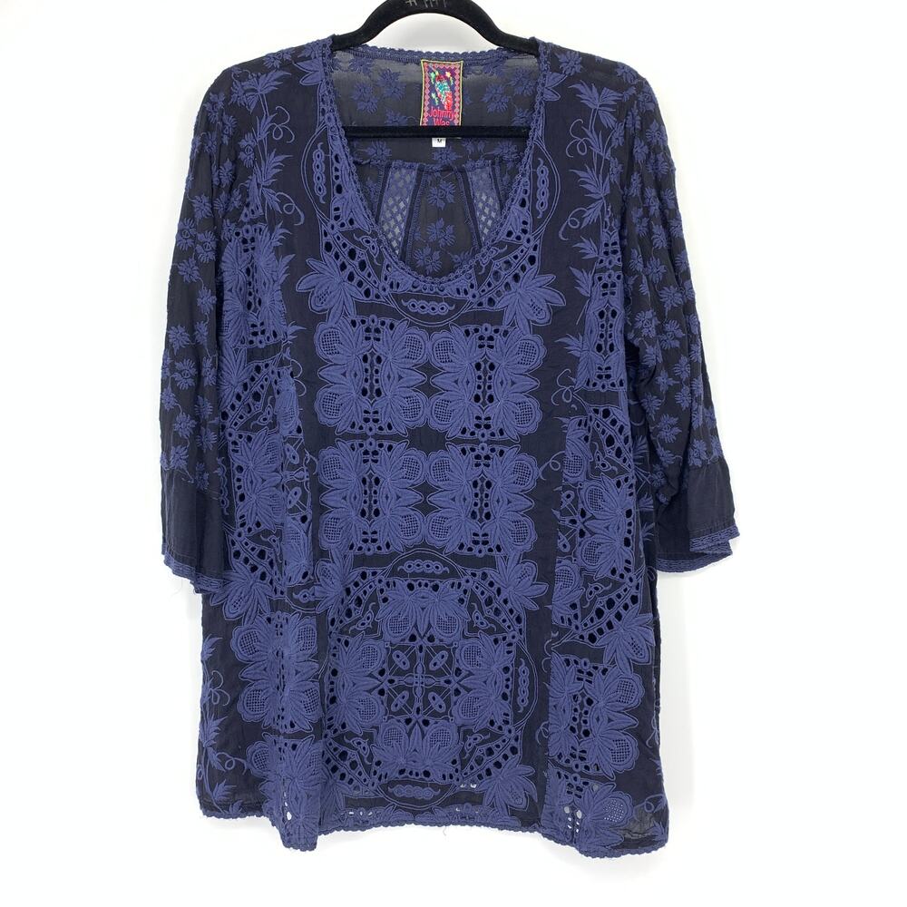 Johnny Was Womens M Navy Blue Two Tone Embroidered Eyelet Tunic Blouse Boho